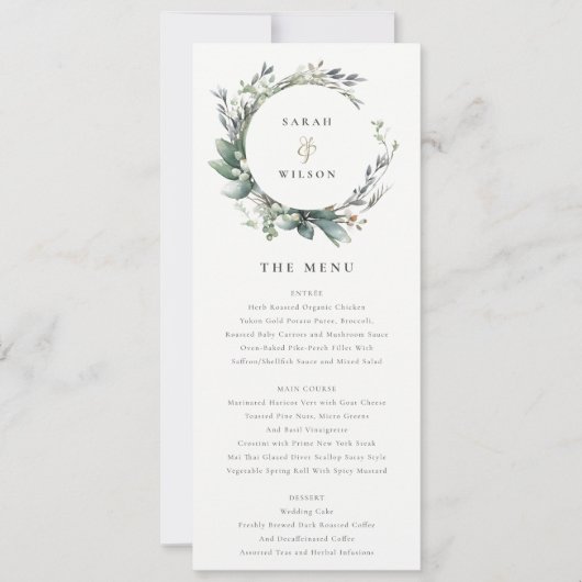 緑素朴の葉のリース結婚のメニューカード 招待状 (正面)