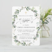 緑素朴の葉のリース金ゴールドバプテスマ 招待状 (スタンド正面)