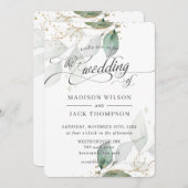 緑素朴の葉の金ゴールド書結婚の 招待状 (正面/裏面)