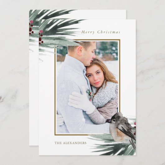 緑素朴の葉写真楽しいクリスマス シーズンカード (正面/裏面)