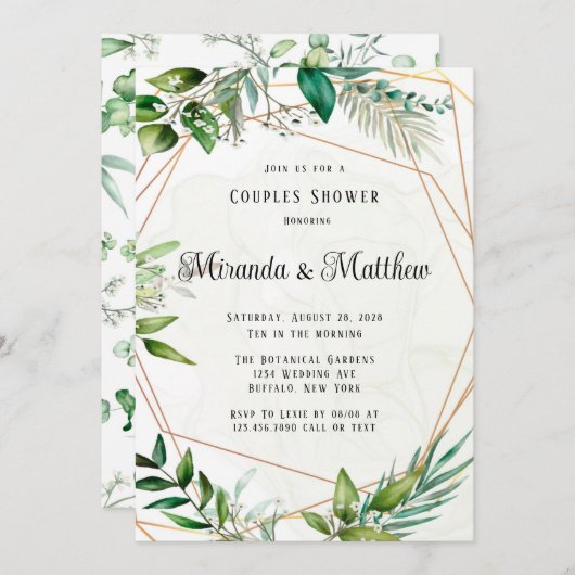 緑素朴の葉幾何カップルのシャワー 招待状 (正面/裏面)