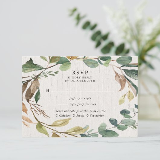 緑素朴の葉植物結婚式RSVP エンクロージャーカード (スタンド正面)
