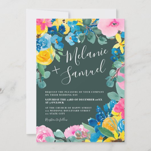 緑素朴はっきりした夏のフローラ写真結婚。 招待状 (正面)