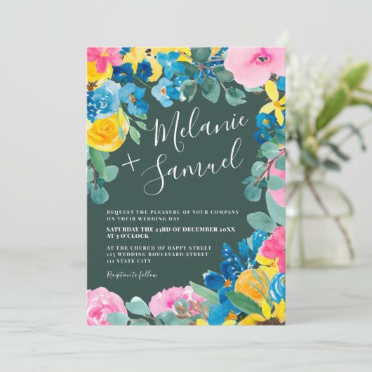 緑素朴はっきりした夏のフローラ写真結婚。 招待状 (スタンド正面)