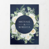 緑素朴アイボリーフローラネイビーQRコー結婚ド 三つ折り招待状 (カバー)