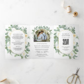 緑素朴アイボリーフローラ写真QRコード結婚s 三つ折り招待状