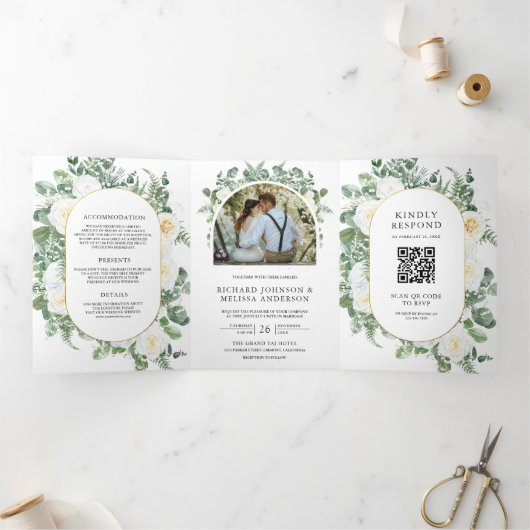 緑素朴アイボリーフローラ写真QRコード結婚s 三つ折り招待状 (内部)