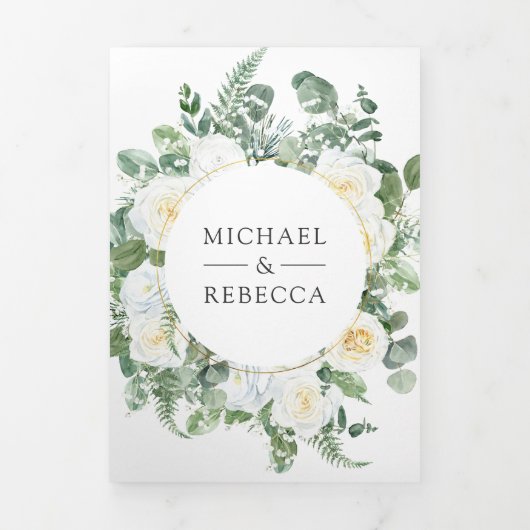 緑素朴アイボリーフローラ写真QRコード結婚s 三つ折り招待状 (カバー)