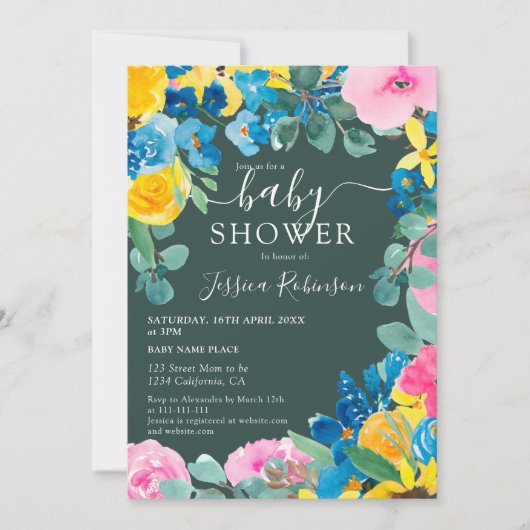 緑素朴フローラ写真ベビーのシャワー 招待状 (正面)