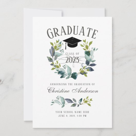 緑素朴リースブラックグラッドキャップ卒業 案内状 (正面)