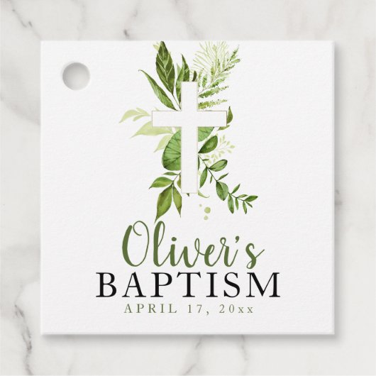 緑素朴十字少年バプテスマメッセージカード フェイバータグ (正面)