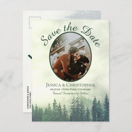 緑素朴松の結婚式の日付を保存する楕円形の写真 案内ポストカード (正面/裏面)