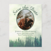 緑素朴松の結婚式の日付を保存する楕円形の写真 案内ポストカード (正面)