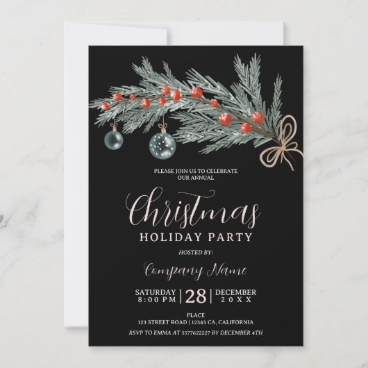 緑素朴松の赤いクリスマス企業の会社 招待状 (正面)