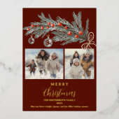緑素朴松赤メリークリスマス3枚の写真 箔シーズンカード (正面)