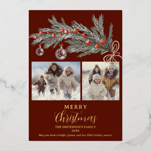 緑素朴松赤メリークリスマス3枚の写真 箔シーズンカード (正面)