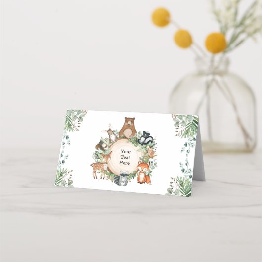 緑素朴林の森の赤ん坊の動物パーティー プレイスカード (正面)