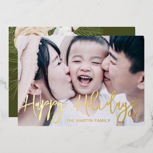 緑素朴植物写真フルクリスマス 箔シーズンカード (正面/裏面)