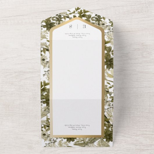 緑素朴植物性金ゴールドフレームディナー オールインワン招待状 (外側)