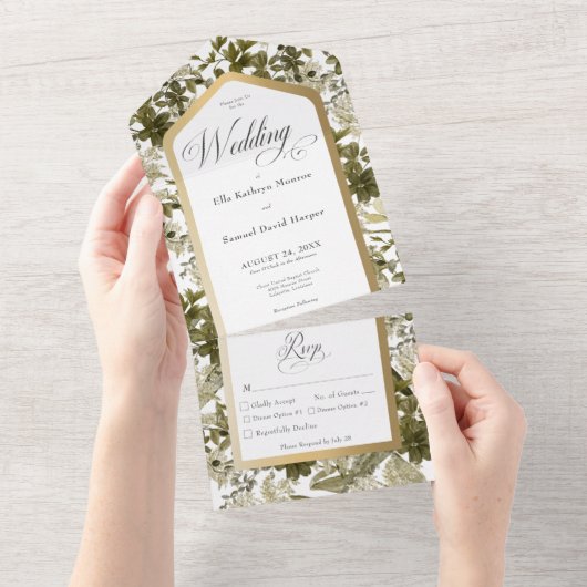 緑素朴植物性金ゴールドフレームディナー オールインワン招待状 (貼ってはがせる)