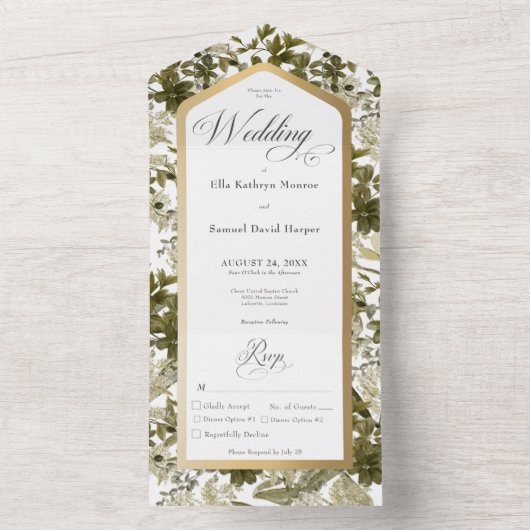 緑素朴植物性金ゴールドフレームディナー オールインワン招待状 (内側)