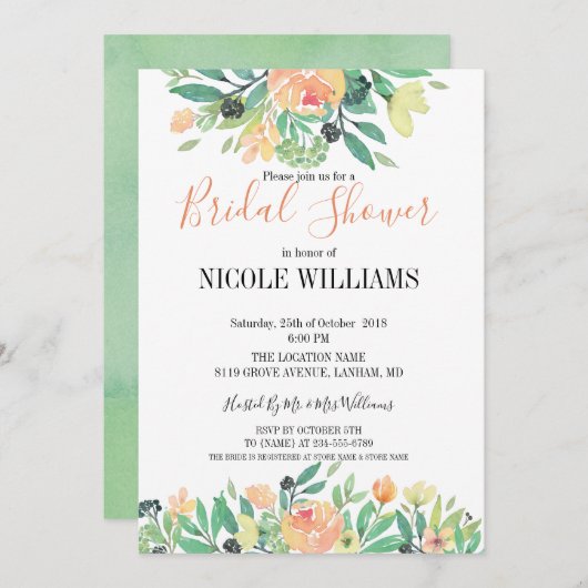 緑素朴水色ピンク牡丹ブライダルシャワー 招待状 (正面/裏面)