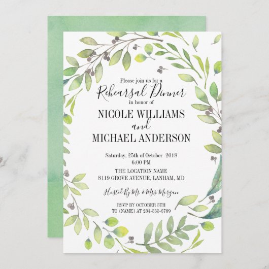 緑素朴水色リースリハーサルディナー 招待状 (正面/裏面)