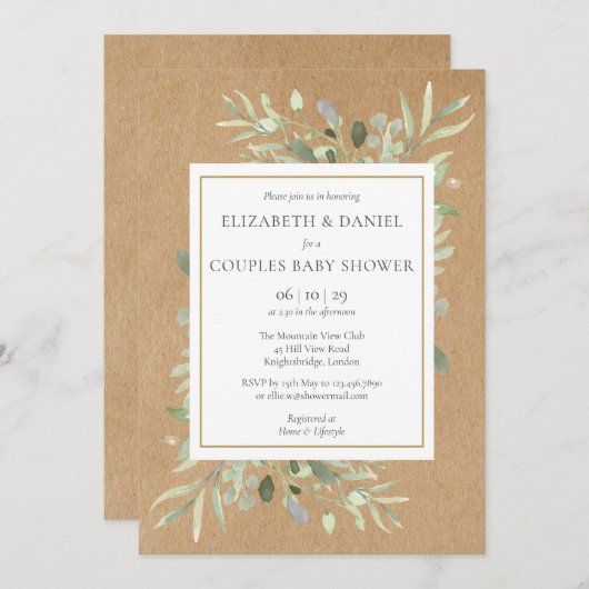 緑素朴色のカップルがシャワーを浴男女兼用びる 招待状 (正面/裏面)