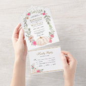 緑素朴色のピンクのバラ白カボチャ結婚の オールインワン招待状 (貼ってはがせる)