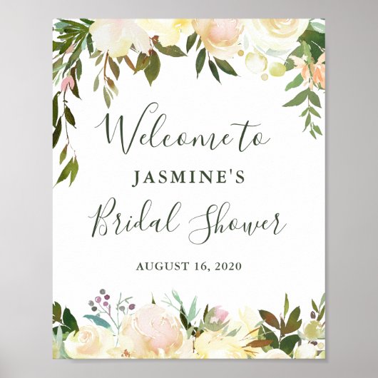 緑素朴色のフローラブライダルシャワーウェルカムサイン ポスター (正面)
