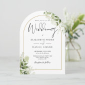 緑素朴色のフローラ金ゴールドアーチ結婚写真 招待状 (スタンド正面)