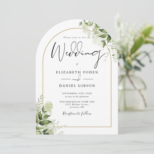緑素朴色のフローラ金ゴールドアーチ結婚写真 招待状 (スタンド正面)