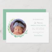 緑素朴色の写真の誕生発表 案内状 (正面/裏面)