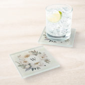 緑素朴色の白フローラモノグラム結婚ズ ガラスコースター (アングル)