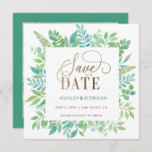 緑素朴色の金ゴールドフローラ写真の保存日付 案内状 (正面/裏面)