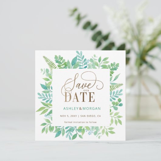 緑素朴色の金ゴールドフローラ写真の保存日付 案内状 (スタンド正面)