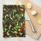 緑素朴色の黄色と鮮やかな赤い曲線 キッチンタオル (四つ折り)
