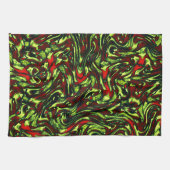 緑素朴色の黄色と鮮やかな赤い曲線 キッチンタオル (横)