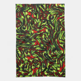 緑素朴色の黄色と鮮やかな赤い曲線 キッチンタオル