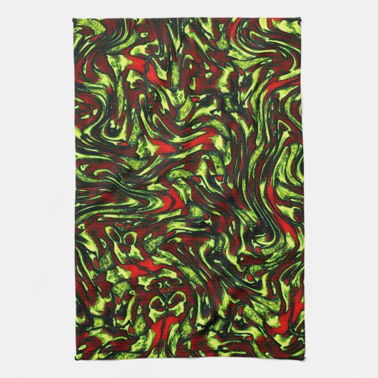 緑素朴色の黄色と鮮やかな赤い曲線 キッチンタオル (縦)