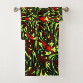 緑素朴色の黄色と鮮やかな赤い曲線 バスタオルセット