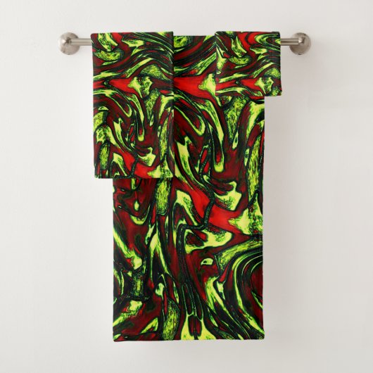 緑素朴色の黄色と鮮やかな赤い曲線 バスタオルセット (インサイチュ)