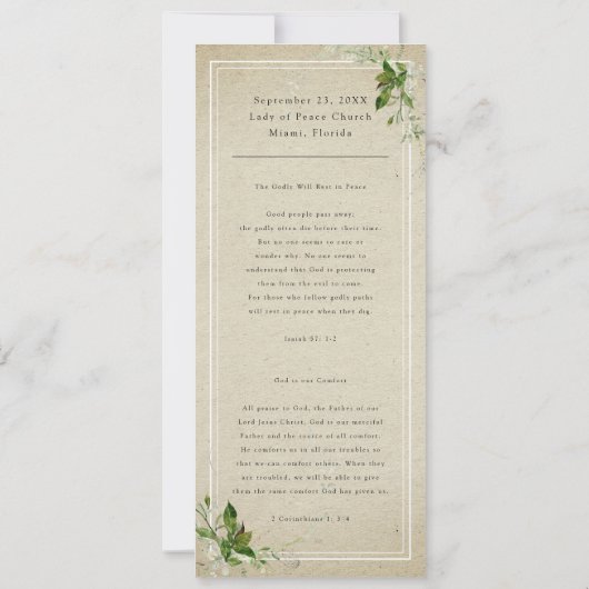 緑素朴色 |葬儀写真記念祈りの言葉 招待状 (裏面)