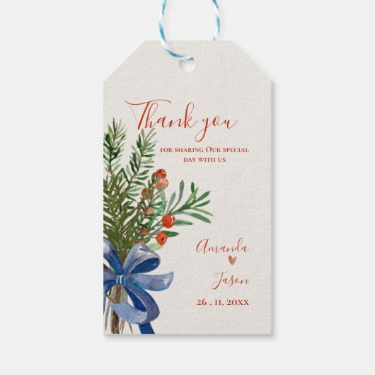 緑素朴葉の赤い果実のクリスマス結婚の ギフトタグ (裏面)