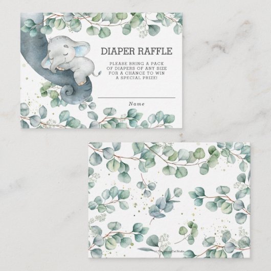 緑素朴象の赤ちゃんシャワーおむつラッフル エンクロージャーカード (正面/裏面)