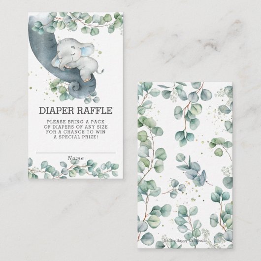 緑素朴象の赤ちゃんシャワーおむつラッフル エンクロージャーカード (正面/裏面)