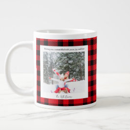 緑素朴赤の格子模様モノグラム2写真クリスマス ジャンボコーヒーマグカップ