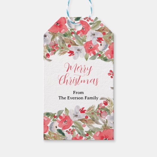 緑素朴赤フローラリースメリークリスマス ギフトタグ (正面)