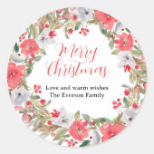 緑素朴赤フローラリースメリークリスマス ラウンドシール (正面)