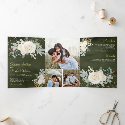 緑素朴金ゴールドアイボリーフローラサー結婚ズ 三つ折り招待状 (内部)